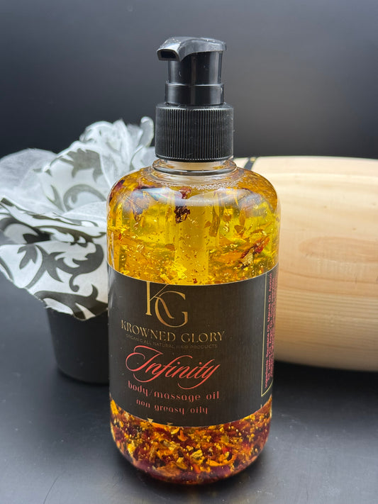 Infinity Body/Massage Oil infused with Dried Rose and 24K Gold Flakes (non greasy)