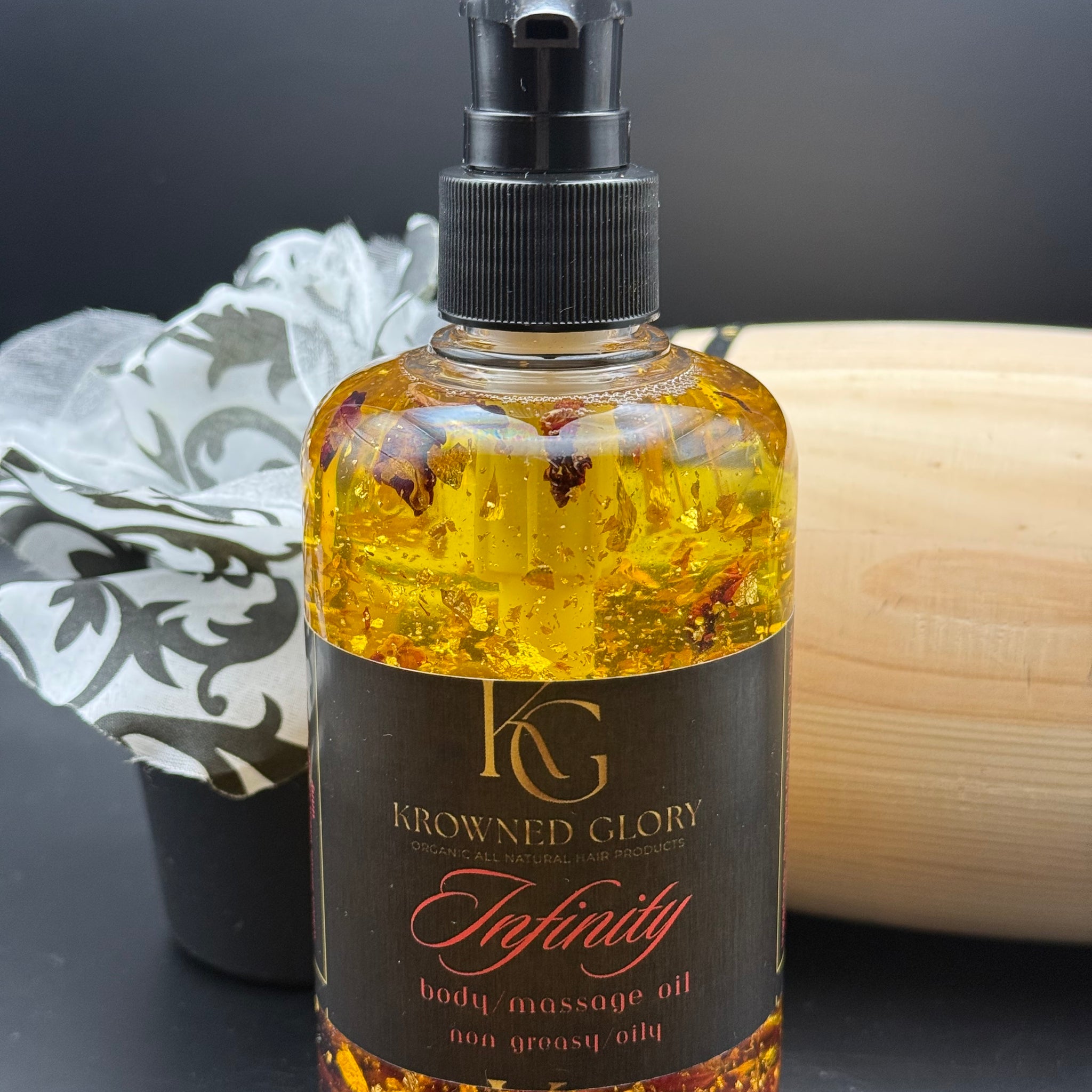Infinity Body/Massage Oil infused with Dried Rose and 24K Gold Flakes (non greasy)